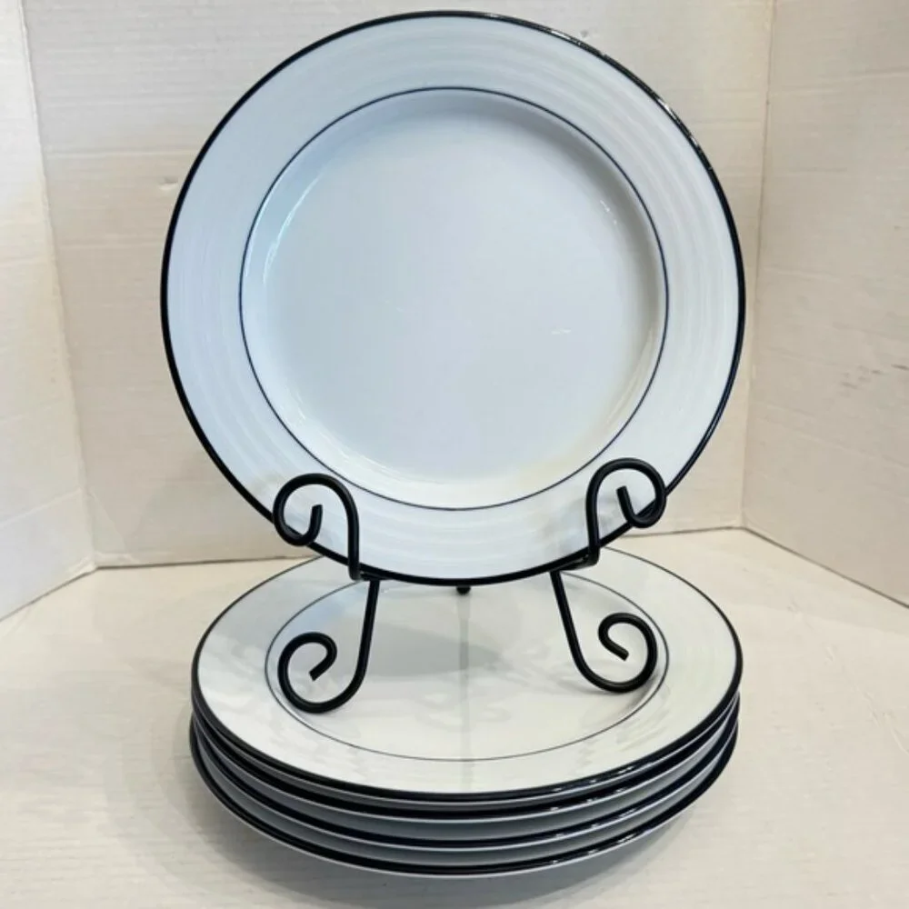 1 Crate & Barrel Spal Porcelain Roulette Blue Trim 10 5/8” Dinner Plate